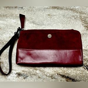 Lodis burgundy leather suede wristlet wallet